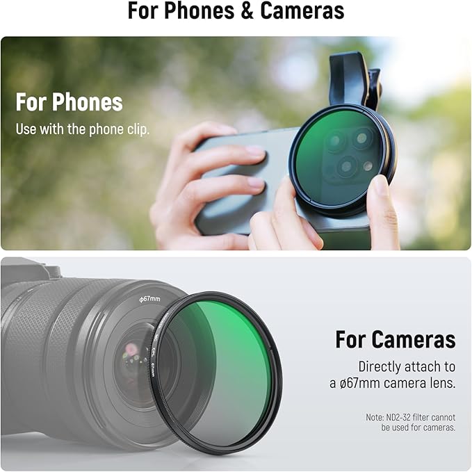 NEEWER 67mm Variable ND Filter Set Compatible with iPhone, 3 Pack Clip On CPL Circular Polarizing + ND2-32 + Black Diffusion 1/4 Phone Camera Lens Filter Photography Accessories Kit, FL-B37