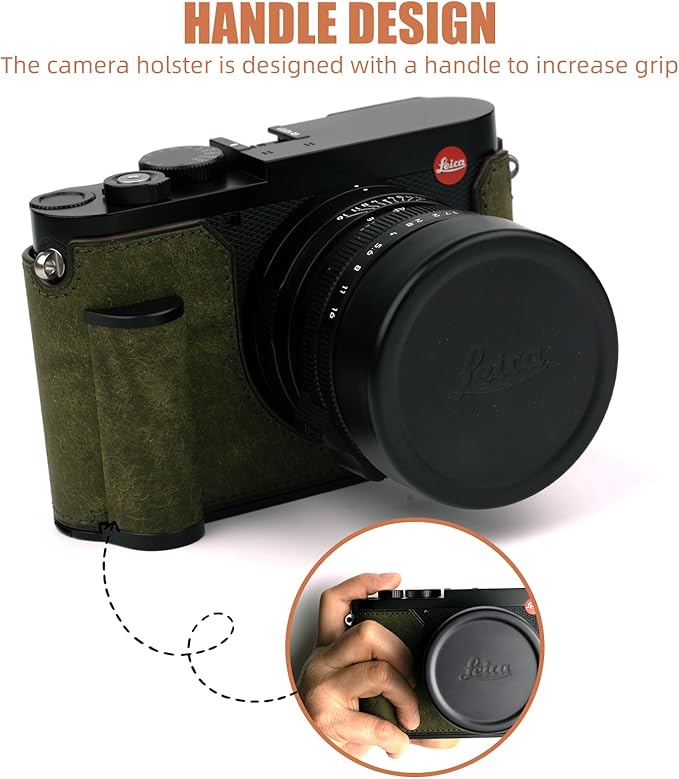 Uchandmade Handmade Genuine Leather Camera Half Case for Q3/For Q3 Camera Case/For Q3 Case - Top Layer Cowhide Body + Metal Base Plate + Hand Shank Design (Dark Green)