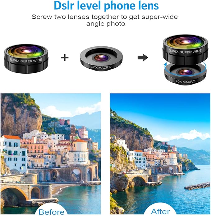 Phone Camera Lens, 9 in 1 Lens Kit, Zoom Lens, 0.36X Wide Angle Lens, 0.63X Wide Lens, 15X Macro Lens, 20X Macro Lens, Fisheye Lens, CPL and Starburst Lens Telephoto Lens for Smartphone