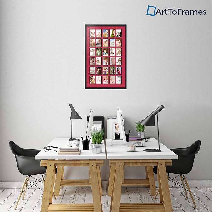 ArtToFrames Collage Photo Frame Double Mat with 30-4x6 Openings with Satin Black Frame and Rouge mat.