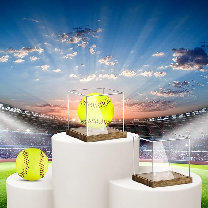 Clear Acrylic Softball Display Case with Wood Base, Memorabilia Stand Cube Holder, Dust Protection Transparent Storage Box for Single Ball Souvenir Softball Collections