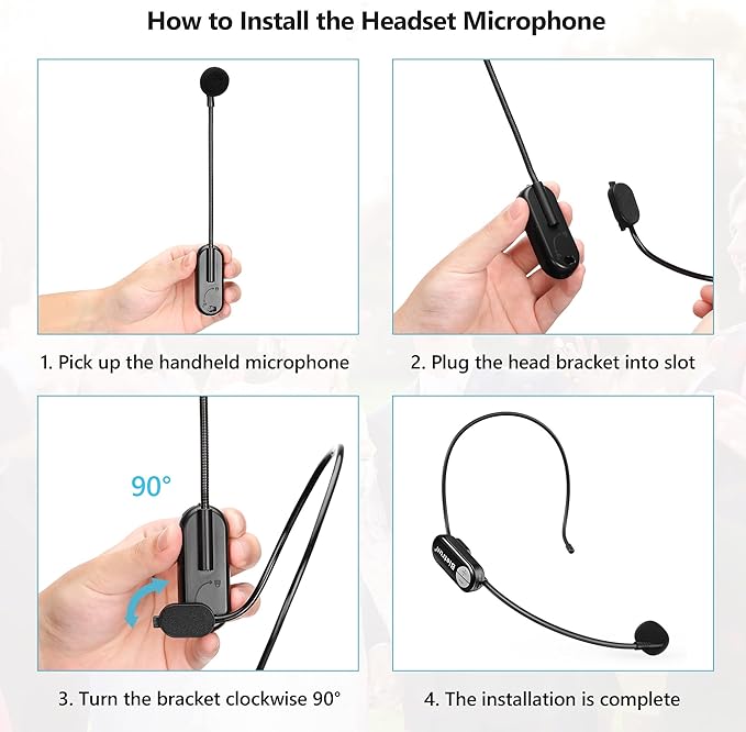 Bietrun Wireless Microphone Headset with 1/4''Plug, 165ft Range, UHF Wireless Headset Mic & Handheld Mic 2 in 1, for Karaoke Speaker, Amplifier, Speakers, PA System, Teaching, Fitness (Black)