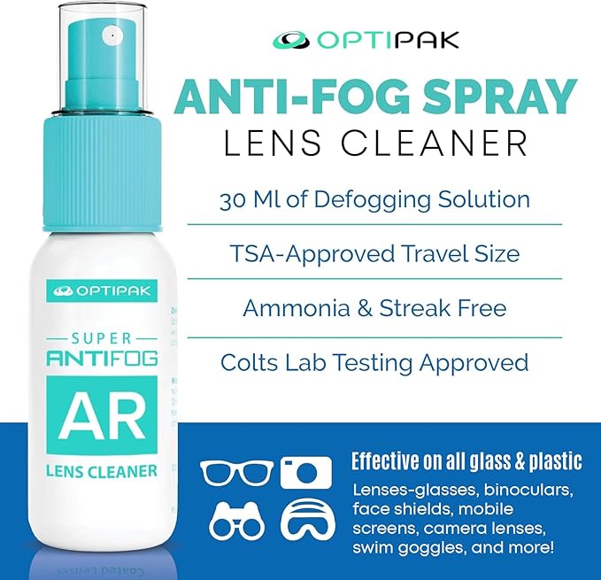 Anti Fog Lens Cleaner Spray Kit | (1) 1oz Anti Fog Glasses Cleaner Spray + (1) Microfiber Cloth for Eyeglasses, Goggles, Sunglasses, Mirror - Eyeglass Defogger Spray Cleaning Kit (2 Piece Set)