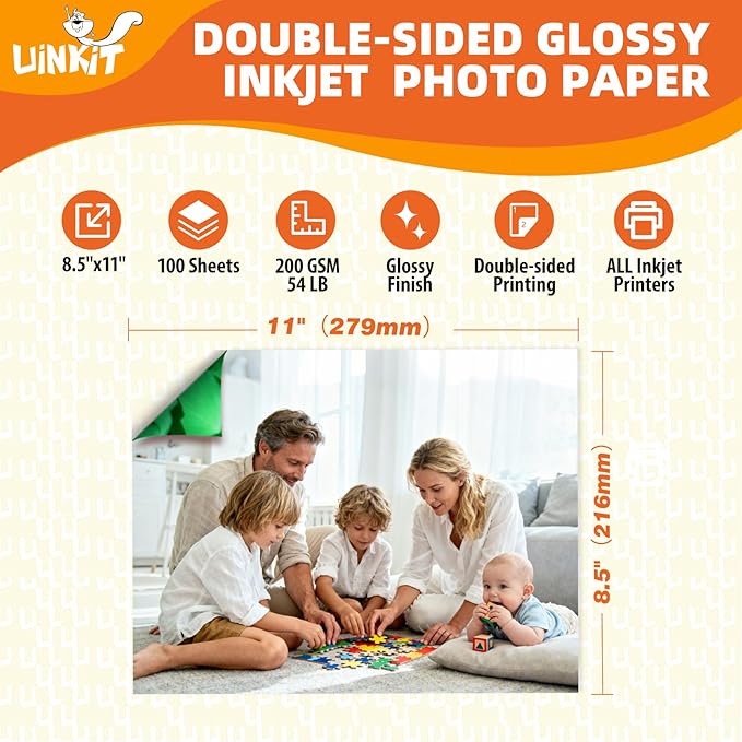 Uinkit 200Gsm 100Sheeets Double Sided Photo Paper Glossy 8.5x11 54lbs Inkjet for Dye Ink Value Bulk Pack Picture 8.5 x 11 9.5Mil for Inkjet Printing Printer