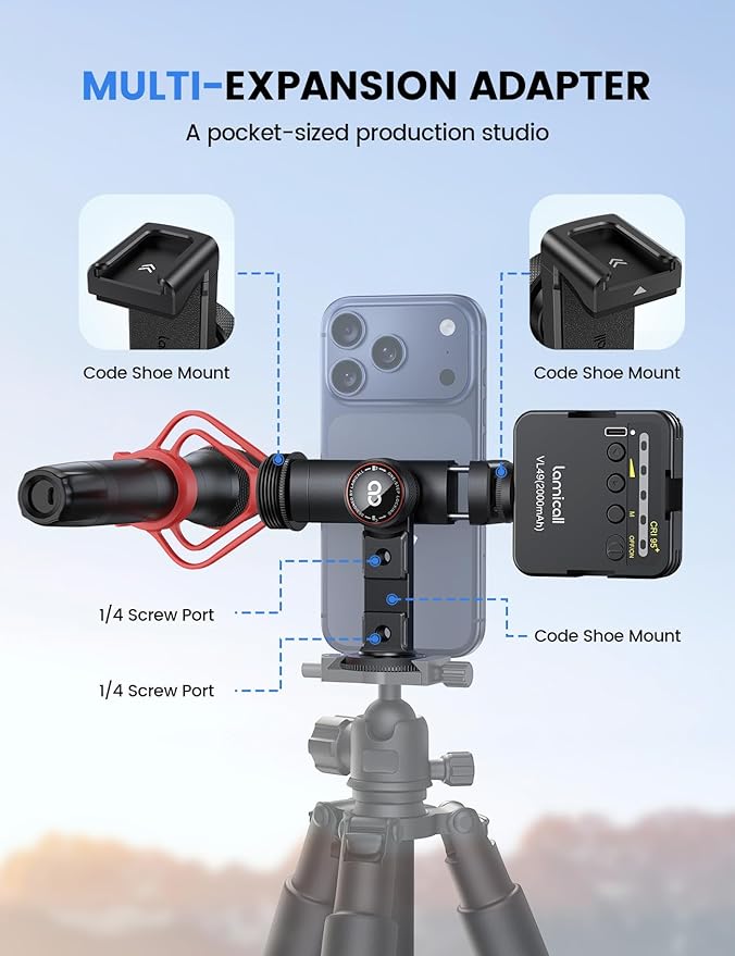 Lamicall Aluminum Phone Tripod Mount with 3 Cold Shoes & Arca Port & 1/4" Thread, [Wider Clamp] Camera Phone Holder Adapter Valentines Day Gift for iPhone 17 Smartphone Tripod Cell Phone Holder