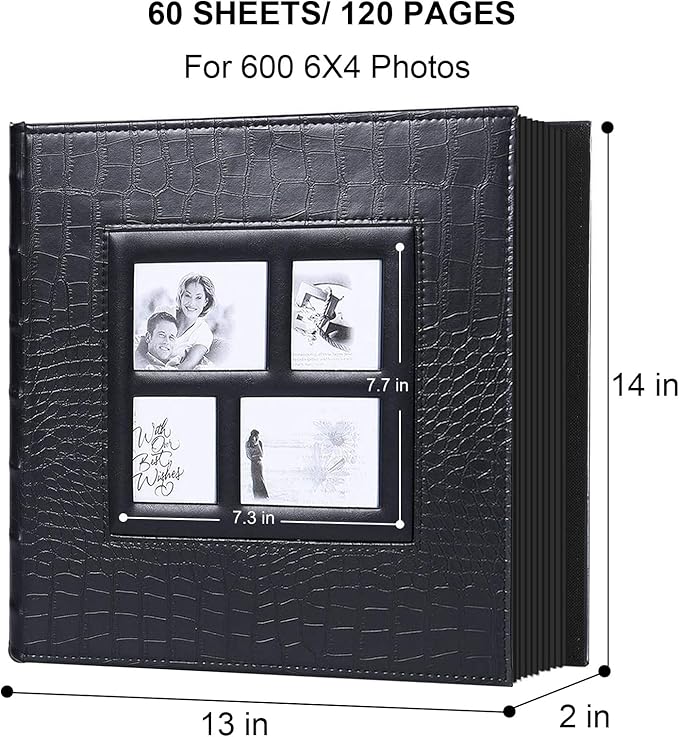Vienrose Photo Album for 600 4x6 Photos, Black, Faux Leather Cover, Acid-Free, PVC-Free, 14 x 13 x 2 Inches