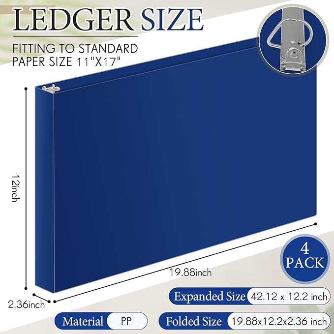 Humyoun 4 Pcs 11 x 17 Inch 3 Ring Binders 2 Inch Rings Heavy Duty View Plastic Flexible D Ring Binders Economy Holds 11" x 17" Paper for Artwork Blueprints, Office, Home, Work Places(Blue)
