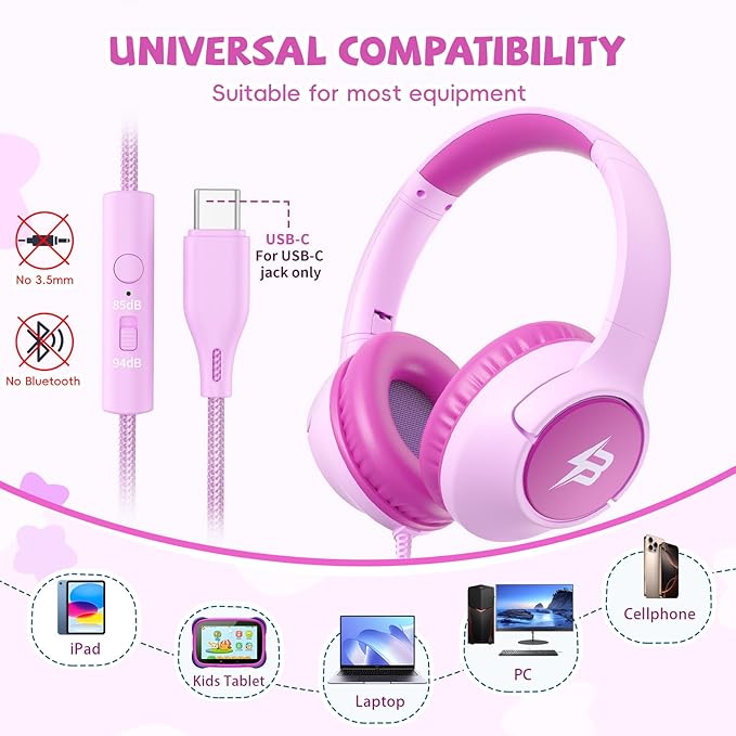 Kids Headphones Wired with USB C Plug, 85/94 dB Volume Limit, USB Type C Headphones for Kids Boys Girls, Foldable Stereo Sound Over Ear Wired Headphones for School/Tablet/Travel, Fuscia Pink