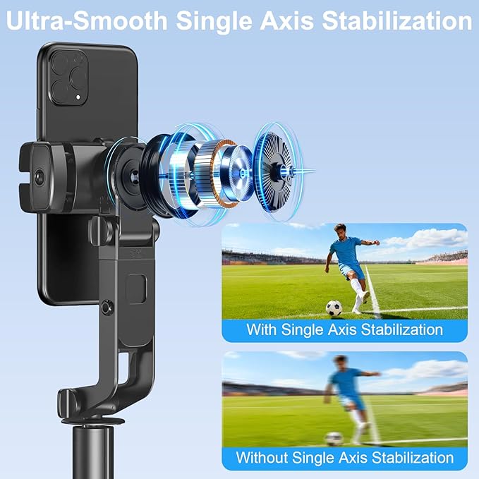Gimbal Stabilizer for iPhone and Android, Auto Face Tracking Tripod 360 Rotation, Selfie Stick with Gimbal Stabilizer, 71” Phone Stabilizer with Remote Control & Light for Vlog Video Recording