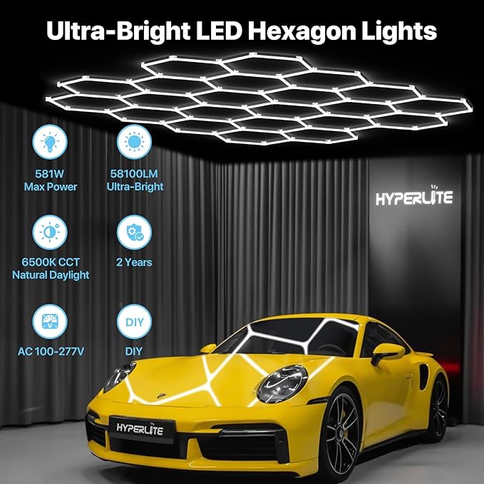 HYPERLITE Gen 2 Hexagon Garage Lights: 581W 58100LM 22 Grids Hexagon Led Light, 6500K Ultra Bright Honeycomb Hex Lights, Easy Install, Durable Design for Garage, Car Detailing, Workshops, Shops, Gym