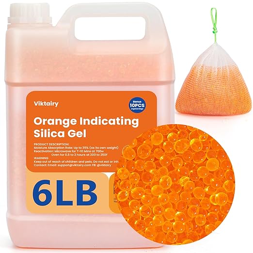 6LBS Silica Gel Desiccant Beads, Premium Orange Indicating Reusable Desiccant Bulk, Industry 3-5 mm Silica Beads Dehumidifier for 3D Filament, Electronic Devices, Camera, Jewelry, Safe (10PCS Bags)