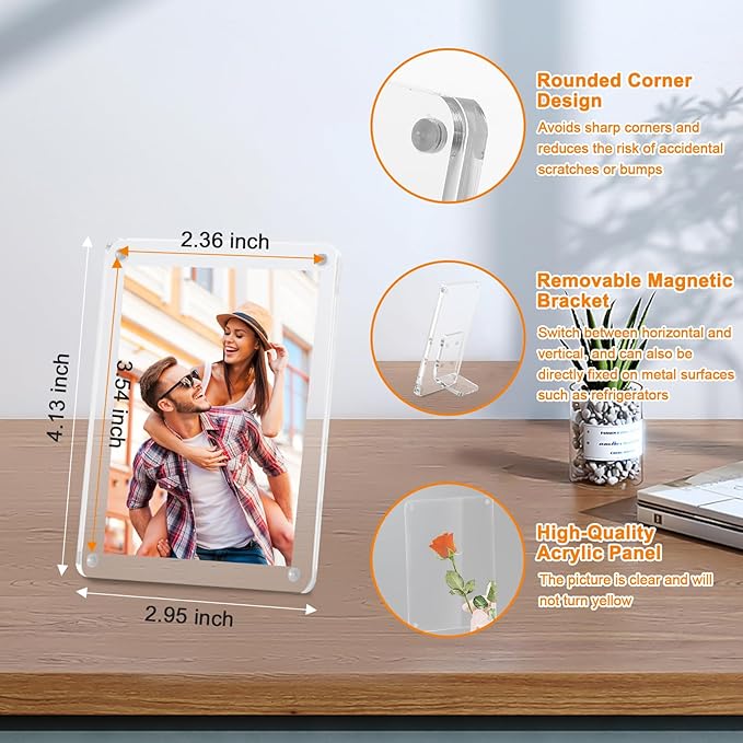 VZZNN 4 Pack Acrylic Magnetic Picture Frames 2.36x3.54 with Removable Magnetic Stand Instax Mini Frame Acrylic Tabletop Photo Frames Magnetic Polaroid Frames 2x3 Picture Frame For Tabletop Home Decor