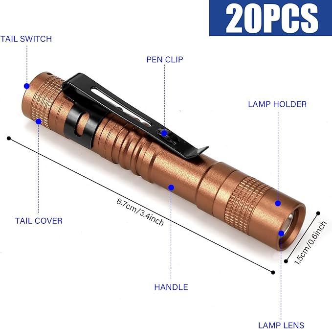 Hortsun 20 Pcs Mini Pen Light Flashlights Pocket Flashlights Pen with Clip Small LED Handheld Slim Torches for Christmas Gift Without Battery, 3.54 Inch (Black, Brown, Green)