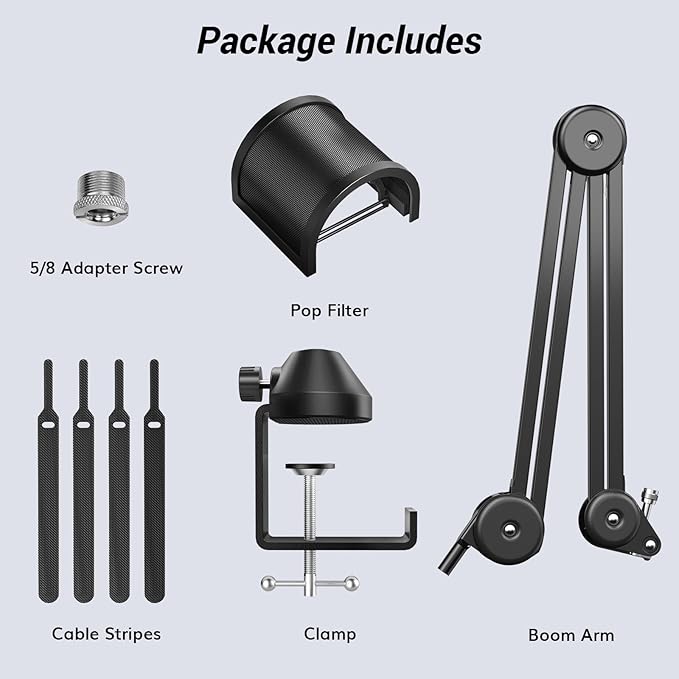 TONOR Microphone Boom Arm, Adjustable Microfono Stand Mic Arm with Extra-large Pop Filter, 3/8’’ and 5/8’’ Screwadapter, Equipment for Podcast, Recording, Streaming, 40cm+40cm, T40