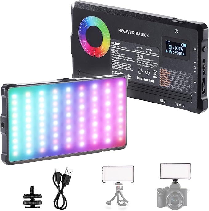 NEEWER Basics RGB Video Light, 8W 2700K-7500K Portable Full RGB Colors 17 Scenes CRI97, 4000mAh Rechargeable Metal Small LED Camera Panel Lighting for DSLR Tripod Streaming Video Recording, SL90C