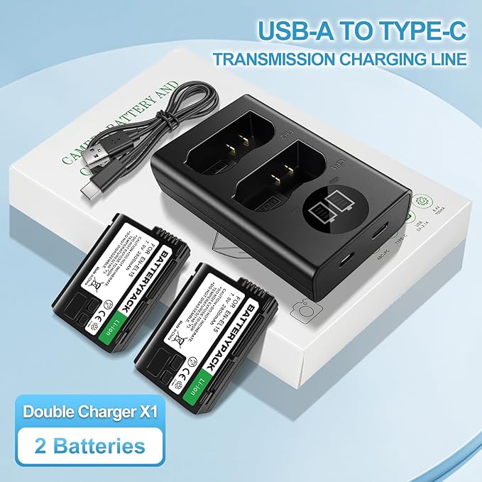 EN-EL15 Replacement Battery 2-Pack with LCD Dual Charger - 2800mAh Li-ion Battery for Nikon D850 D750 Z6II Z7II Z5 D500 D7500 D800 Z8 Zf D810 D800E D810A D600 D610 1 V1 DSLR & Mirrorless Cameras