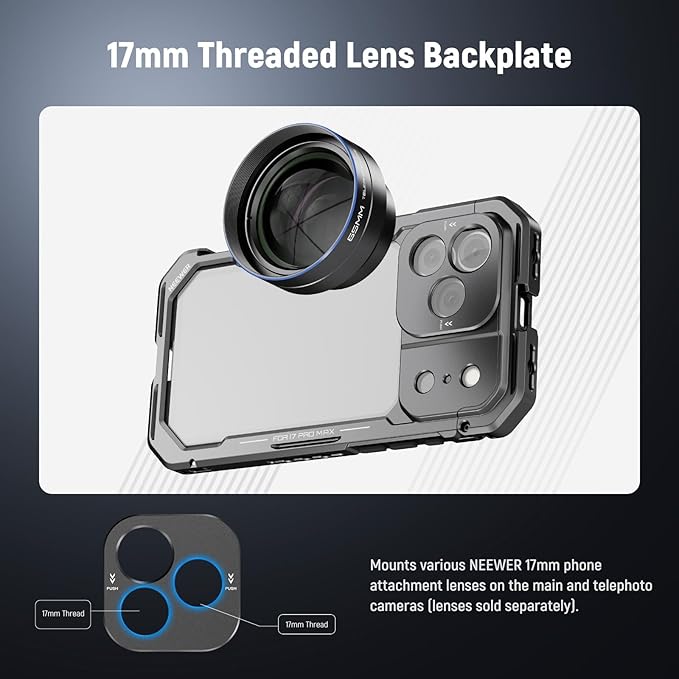 NEEWER PA144 (Black) Phone Cage Compatible with iPhone 17 Pro Max + PA099 Magnetic Phone Holder Mount for Golf Cart Car, Quick Release Video Rig Stabilizer with 67mm Filter Ring, 17mm Lens Backplate