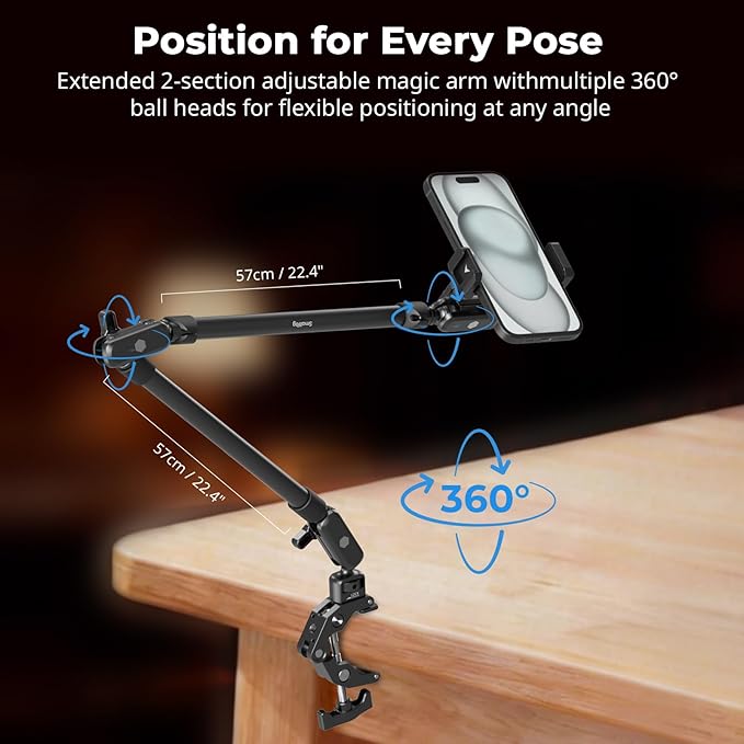 SmallRig 22.4" Magic Arm with Super Clamp, Overhead Phone Mount, Flexible Desk Camera Mount with 1/4" Screw and Cable Clip, Max Load 2.2lb, for iPhone, Action Camera, Video Light, Webcam, Mic - 5625