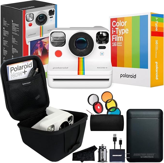 Polaroid Originals Now+ Plus 2nd Generation Bluetooth I-Type Instant Camera with Bonus Lens Filter Kit, 16 Color Film Photos | Signature Series Charger Bundle