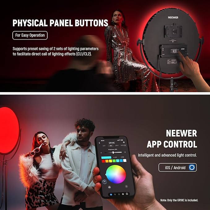 NEEWER 18" RGB LED Round Panel Video Light with APP Control, 65W 6000Lux/0.5m 2500K-8500K RGBCW Photography Studio Lighting /18 Scenes/V Battery Powered for Outdoor Filming Recording Streaming, GR18C