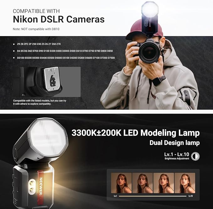 NEEWER 100Ws 2.4G TTL Round Head Flash Speedlite Compatible with Nikon Cameras, 1/8000s HSS, Touch Screen, 2 Modeling Lamps, TTL/M Toggle, 3000mAh/500 Full Power Flash Studio Photography Light, Z3-N