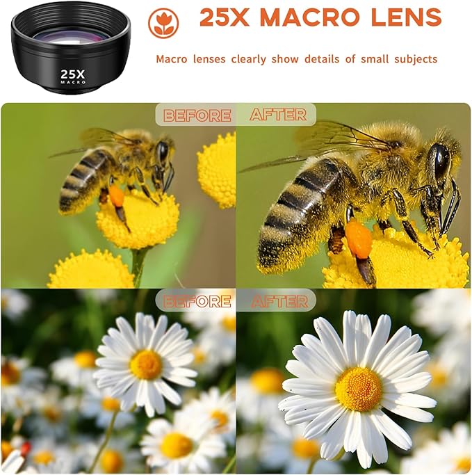 5-in-1 Smartphone Lens Kit-120° Wide-Angle,210° Fisheye,25X Macro,Starburst Filter,Hexagonal Kaleidoscope-Compatible with iPhone/Android/Cellphone and Tablet