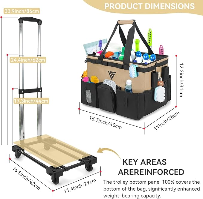 Professional Cleaning Kit - Durable Cleaning Caddy Bag with Black Apron and Trolley, Water-Resistant Organizer for Cleaning Supplies, PVC Polyester Cleaning Bag for Housekeepers - (Brown)