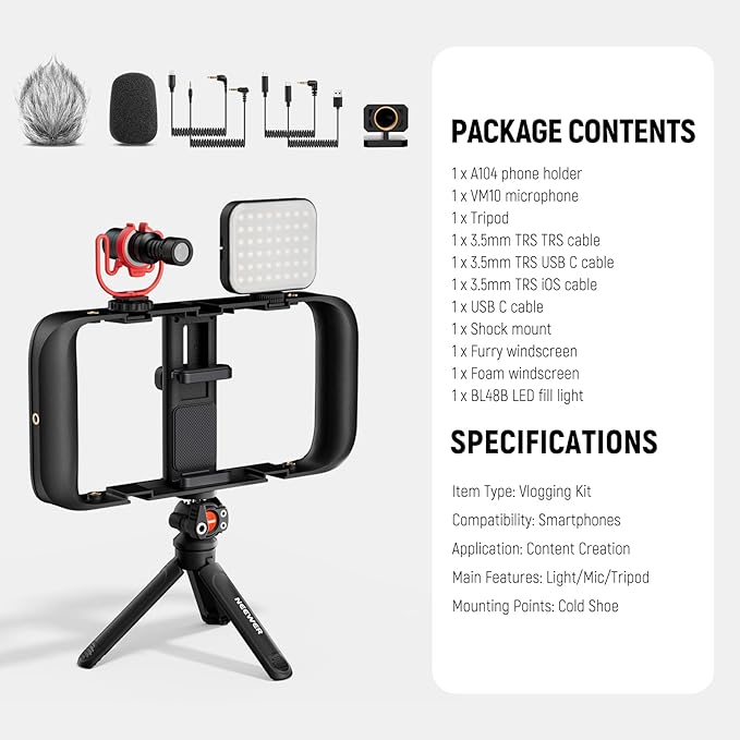 NEEWER Basics Vlogging Kit with Phone Cage Rig Microphone LED Fill Light Tripod Compatible with iPhone, Youtuber Starter Content Creator Essential for YouTube TikTok Streaming Video Recording, PA055