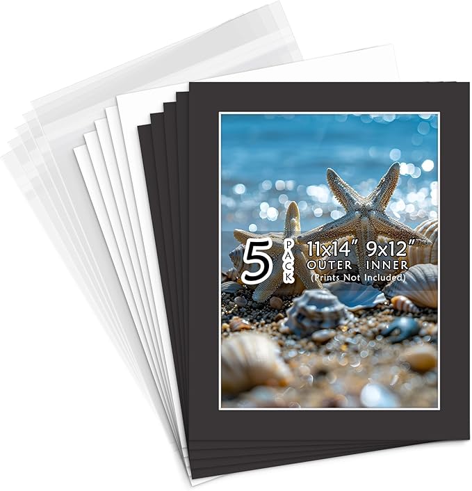Golden State Art, Acid Free, Pack of 5, 11x14 Black Picture Mats Mattes with White Core Bevel Cut for 9x12 Photo + Backing + Bags