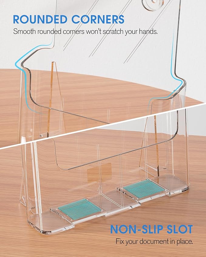 KTRIO Acrylic Brochure Holder 8.5 x 11 Clear Flyer Display Stand, Plastic Literature Holder for Trifold Brochures, Magazines, Menus, Pamphlets, Booklets, Documents, Desk or Wall Mount, 4 Pack