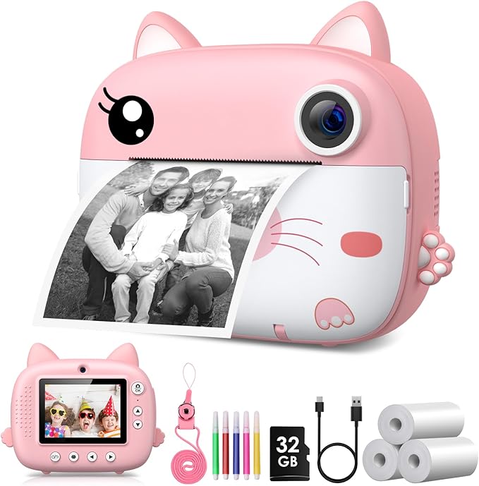 Kids Camera Instant Print, 3.0" HD Screen Kids Instant Cameras, Christmas Birthday Gifts for Girls Boys 3 4 5 6 7 8 9 10 Year Old, Portable Toddler Travel Toys with 32GB Card & 3 Rolls Printer Paper