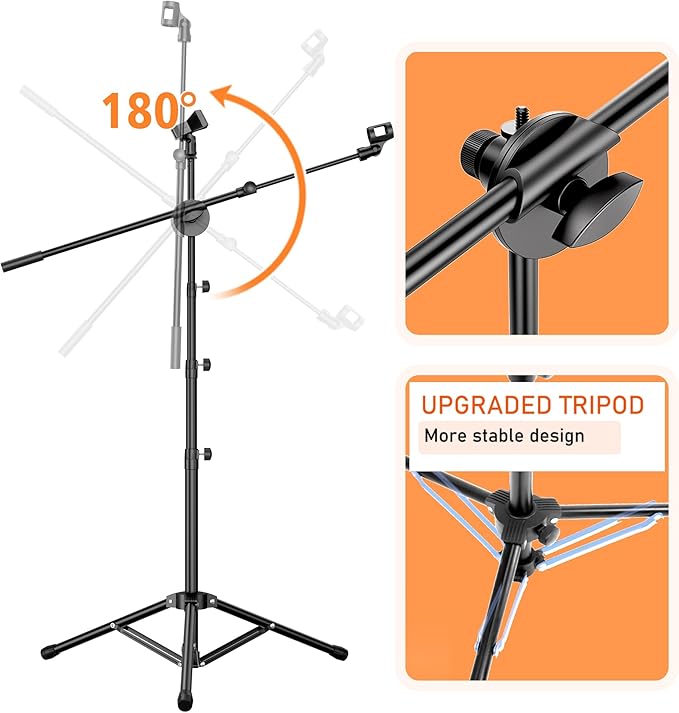 Microphone Stand Floor 2 Mic Clips Foldable Mic Stands Heavy Duty Tripod Boom Arm with 2 Screws Adapter 2 Foam Covers and Carrying Bag for Singing Karaoke Stage HLS03