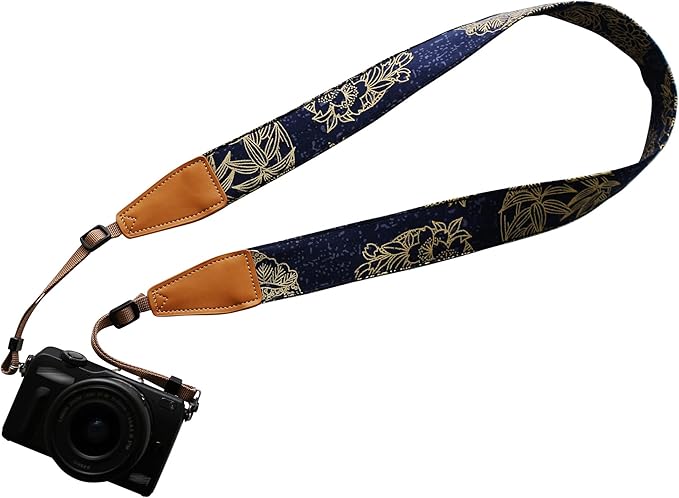 Original Design Personalized Adjustable Camera Strap Golden Flowers Line Drawing on Blue, Fit for Canon Nikon Sony Olympus Interchangeable Lens Digital Camera/DSLR etc.