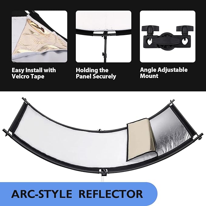 Clamshell Light Reflector/Diffuser with Carrying Case,70"X24" (4 Color in 1) Arclight Curved Eyelighter Lighting Diffuser for Photography Portrait Studio Video Shooting,Black/White/Gold/Silver