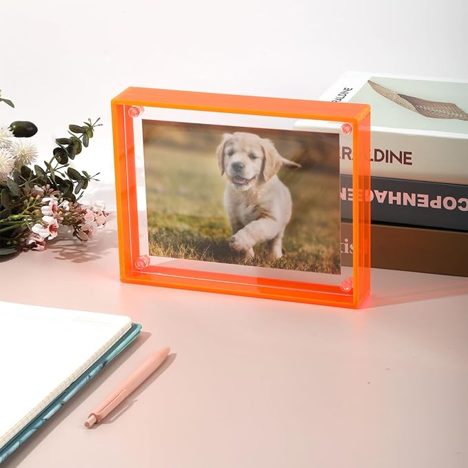 Gelite Acrylic 8X10 Picture Frame to Display 8x10 6x8 5x7 Pictures Mat-free Neon Floating Photo Frame for Wall and Tabletop, Neon Orange