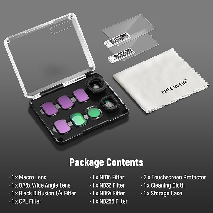 NEEWER ND Filter Set (6 Pack) Compatible with DJI Osmo Pocket 3, ND16 ND32 ND64 ND256 CPL Black Diffusion 1/4 Filter with 0.75X Wide Angle Lens, 2X Macro Lens & Screen Protector, FL-B17