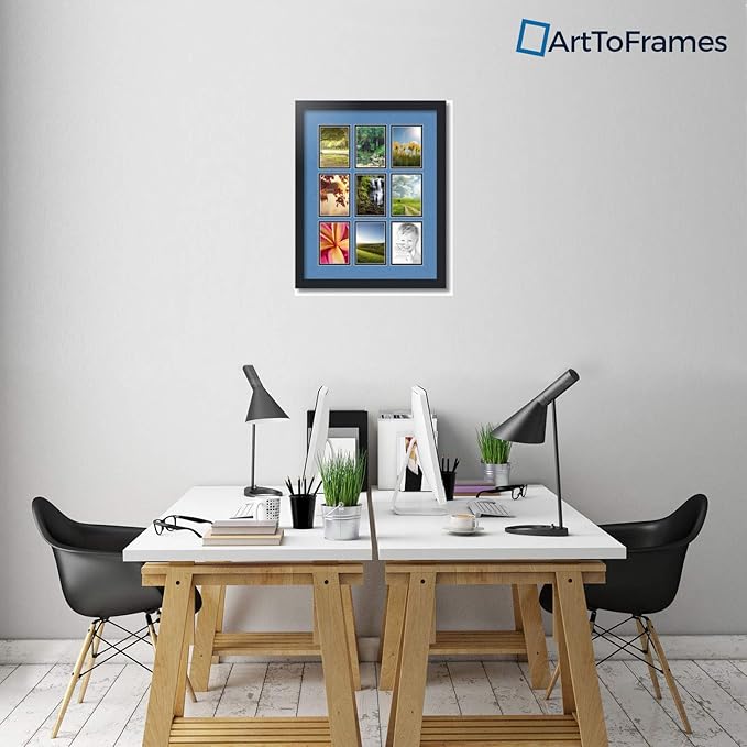 ArtToFrames Collage Photo Frame Double Mat with 9-3.5x5 Openings with Satin Black Frame and Liberty Blue mat.