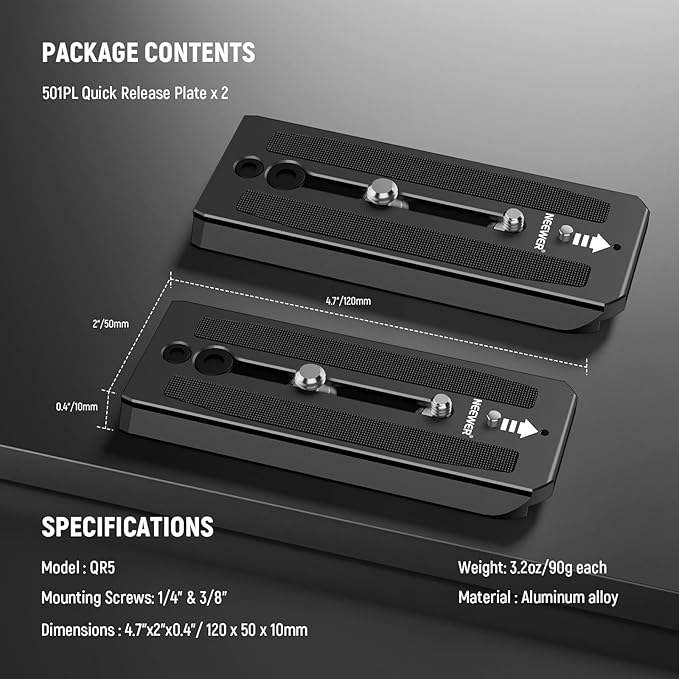 Neewer 2 Pack 501PL Tripod Fluid Head Quick Release Plate, Camera Mounting Plate with 1/4" 3/8" Screws, Anti Off Pin for GM001 GM002 GM006 Fluid Heads, QR5