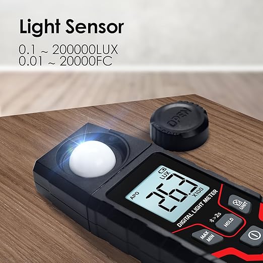 JuviPerpric Light Meter Digital Illuminance Meter, 0.1~200,000 Lux Range Bluetooth Lux Meter with Data Logging and Export, Handheld Light Meter for Plants, Photography and Garden