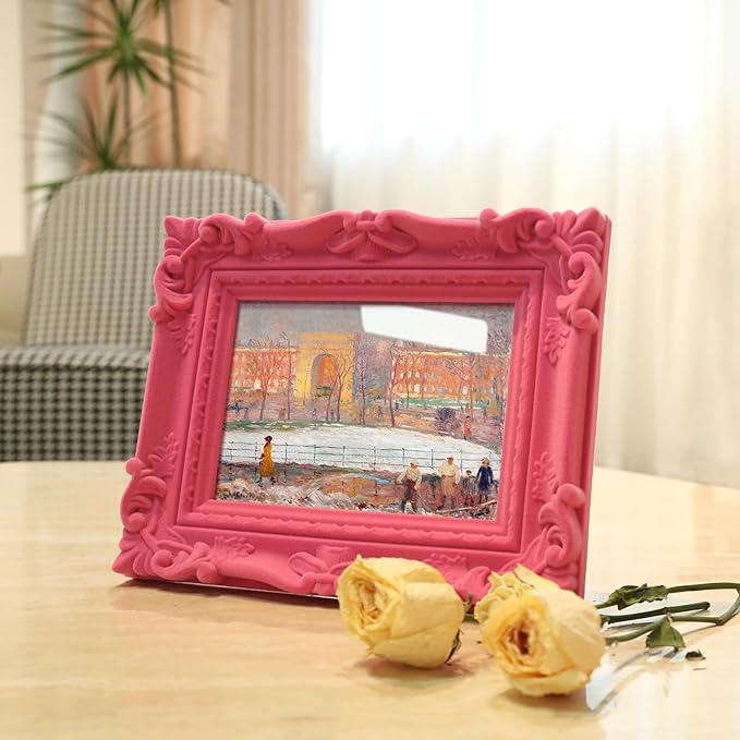Small 5x7 Picture Frame with Velvet Finish, Cute Pink Decorative Photo Frame for Girly Women Bedroom Living Room, Vintage Ornate Frame for Modern Home Office Decor (Pink)