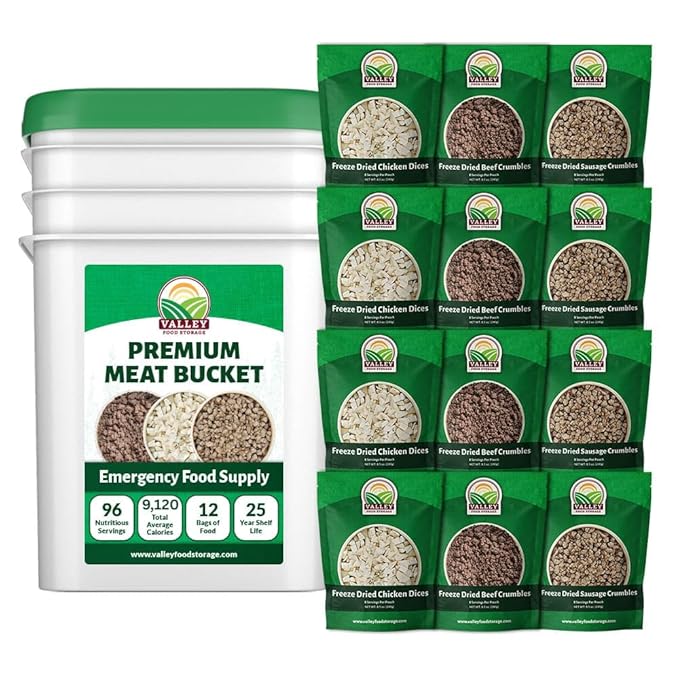92 Serving Freeze Dried Meat Bucket | Premium Emergency Food Supply Contains 1,352g Protein | Survival Food 25 Year Shelf Life | Backpacking Meals, Prepper Supplies | Valley Food Storage