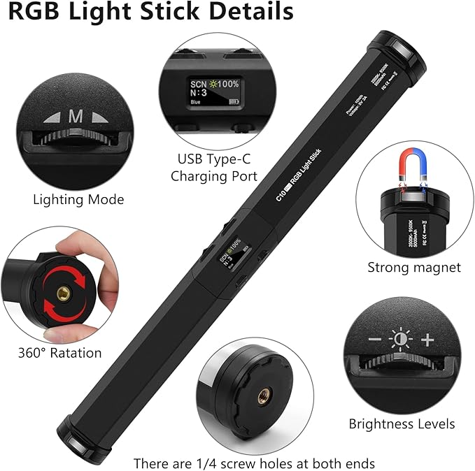 RGB Led Video Light Stick Wand with Stand, QEUOOIY 360° Full Color 2500-9500K Portable Studio Photography Lighting, 5000mAh Rechargeable Battery & Magnet with 27"-78.7" Tripod for Vlog