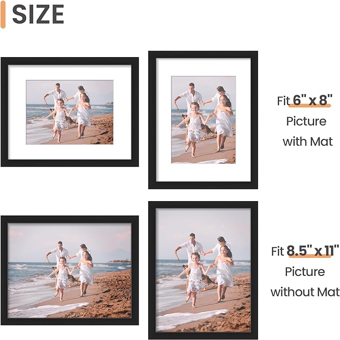 upsimples 8.5x11 Picture Frame Set of 10, Display Pictures 6x8 with Mat or 8.5x11 Without, Multi Photo Frames Collage for Wall or Tabletop Display, Black