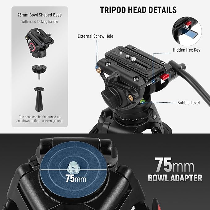 NEEWER 74" Video Tripod with Fluid Head & Damping Control, Aluminum Heavy Duty Camera Stand Professional with QR Plate for DSLR Camcorders for Video Recording, Cleaning Cloth, Max Load 17.6 lbs, TP74
