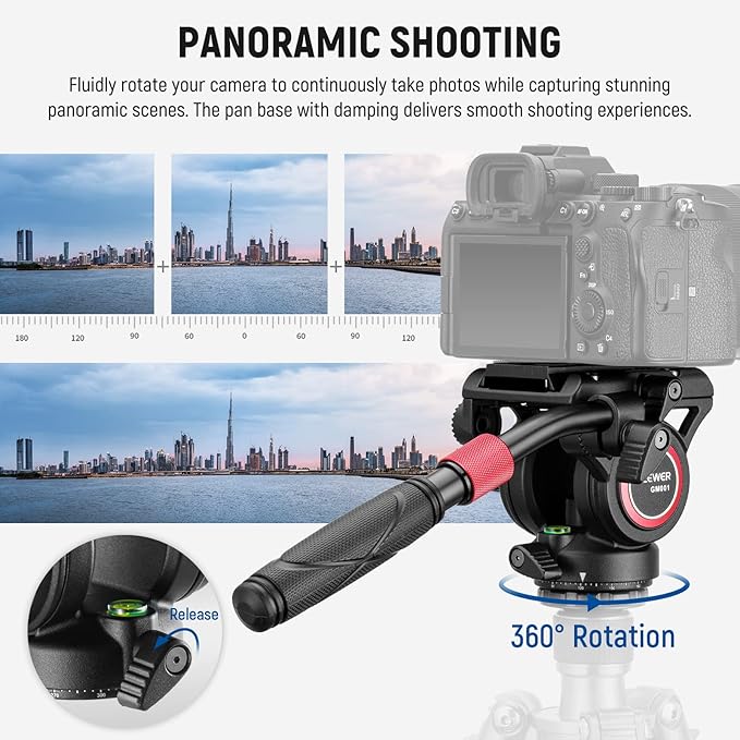 NEEWER Video Tripod Fluid Head with Quick Release Plate, Telescopic Handle & Panorama Scaled Base (⌀55mm), Max Load 13.2lb/6kg, Heavy Duty for DSLR Video Cameras, GM001