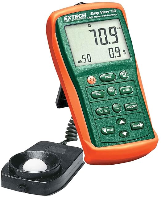 Extech EA33 EasyView Light Meter with Memory - Non-Contact Illuminance Meter, 0.001 Fc / 0.01 Lux Resolution, 5 Ranges (up to 99,990 Fc / 999,900 Lux), Data Logging