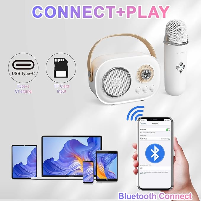 Mini Karaoke Machine for Kids,Portable Bluetooth Speaker with 2 Wireless Microphone,Toys for Girls Boys Gifts,Retro Speaker Set Stereo Sound Enhanced Bass for Home Party Birthday (White)
