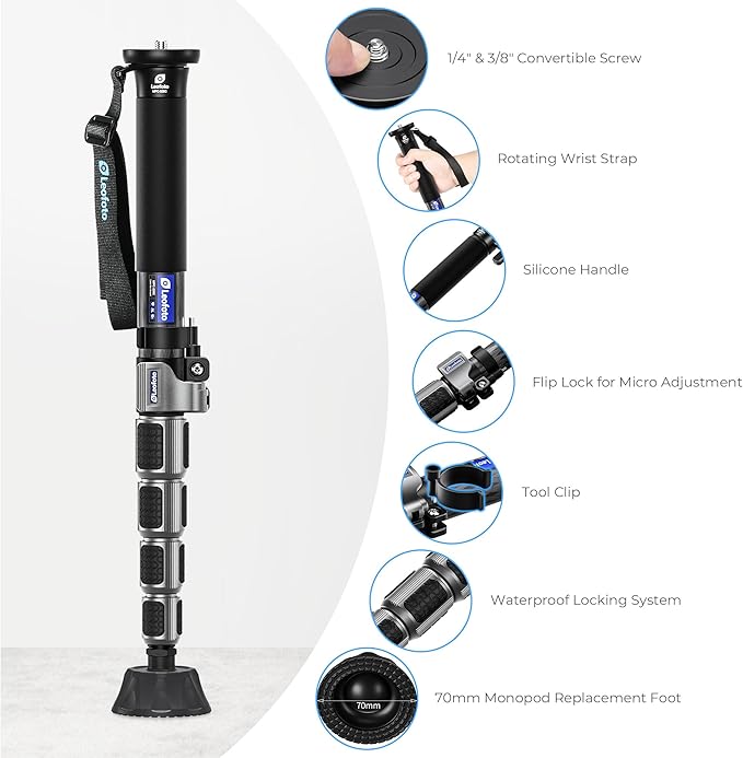 LEOFOTO Carbon Fiber Camera Monopod, Lightweight Travel Monopod with Quick Lock System for DSLR, DV, Video Camcorder, Phone Holder, Weight 0.6kg/1.32lb, Maximum Load 30kg/66lb
