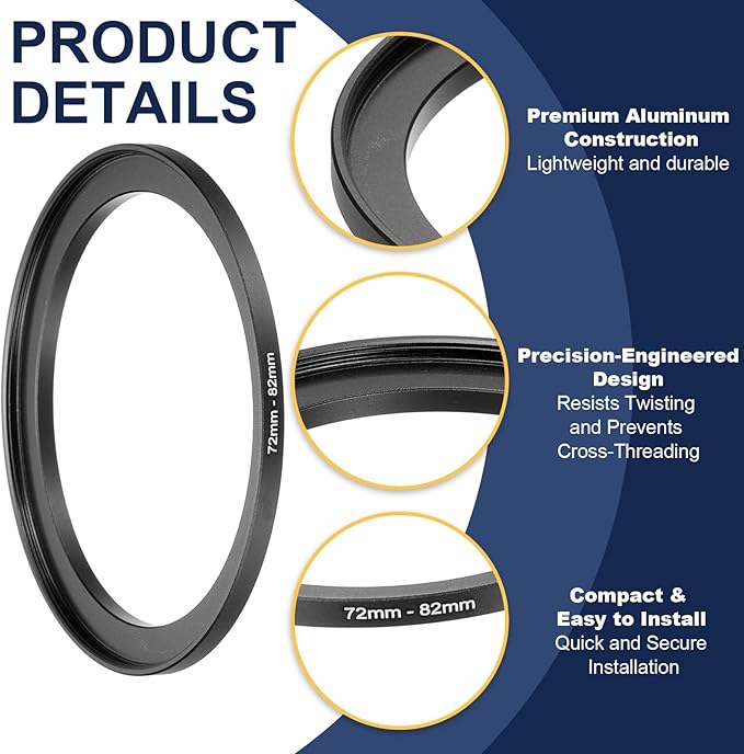 PATIKIL Step-Up Ring Adapter 72mm to 82mm, Filter Step-up Rings Camera Lens Filters Metal Ring Digital for ND IR DSLR Lenses, Black