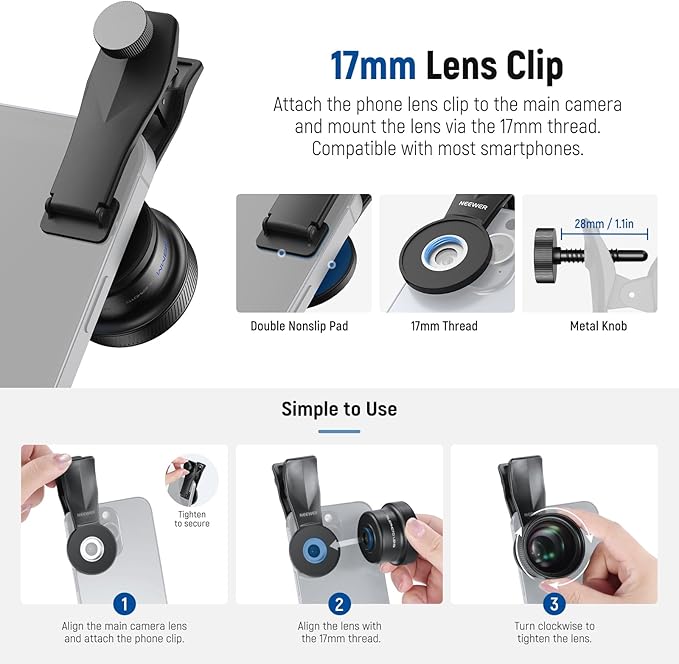 NEEWER 58mm Telephoto Lens with 17mm Threaded Phone Camera Lens Clip, 6 Elements in 5 Groups 2X Magnification Compatible with iPhone Android Samsung for Portrait Photography, LS-71